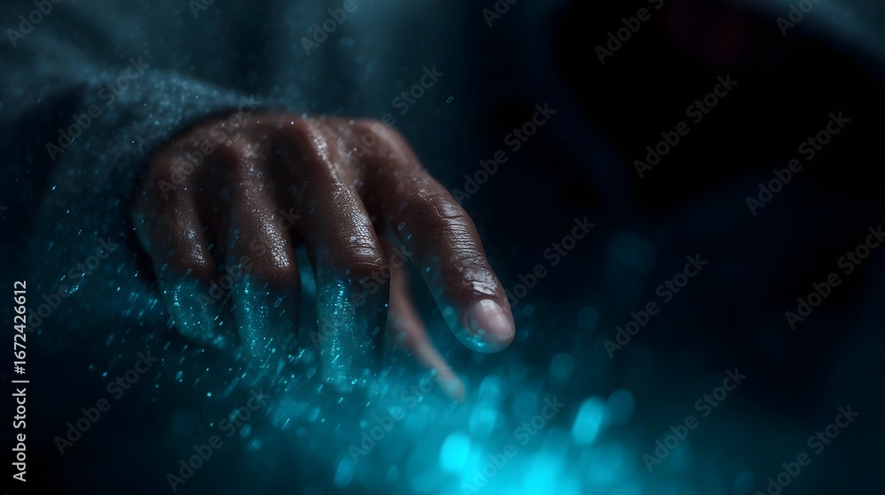Poster hacker s hand interacting with virtual hologram files