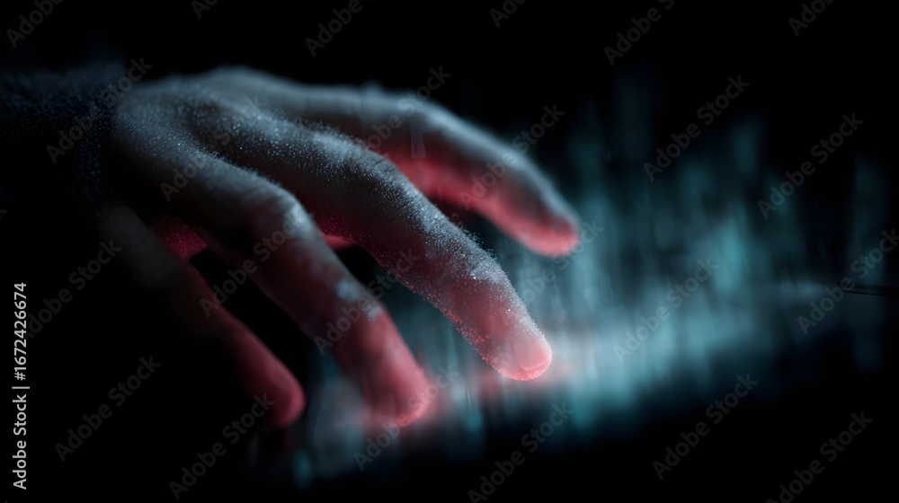 Poster hacker s hand swiping through virtual hologram files