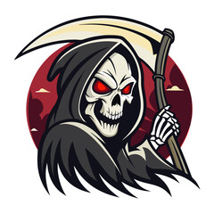 Grim Reaper with Scythe and Red Moon Vector Illustration for Halloween