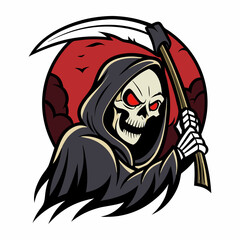 Grim Reaper with Scythe and Red Moon Vector Illustration for Halloween
