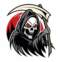 Fototapeta premium Grim Reaper with Scythe and Red Moon Vector Illustration for Halloween