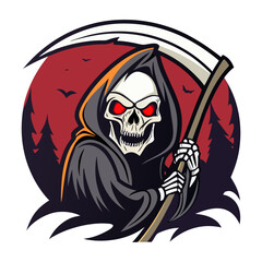 Grim Reaper with Scythe and Red Moon Vector Illustration for Halloween