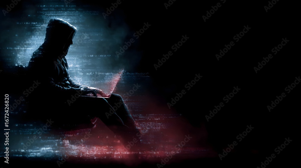 Poster hacker immersed in a digital world of glowing code holograms