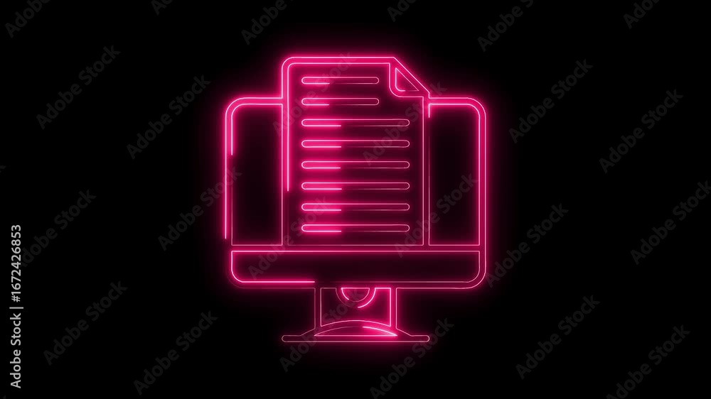 Aufkleber glowing neon computer monitor displaying document lines isolated on black background digital