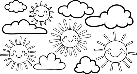 Cute Smiling Suns and Fluffy Clouds in Outline Drawing Style on an Isolated White Background