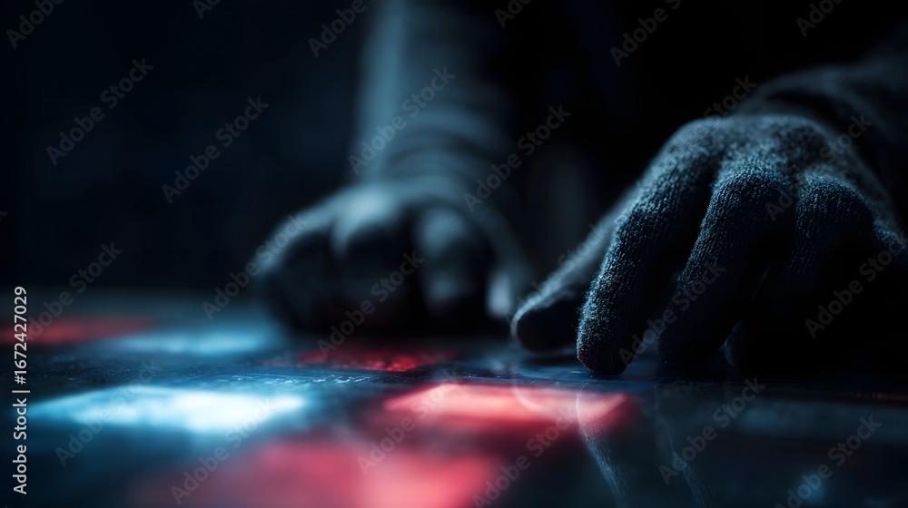 Poster hacker manipulating futuristic data interface with gloved hands