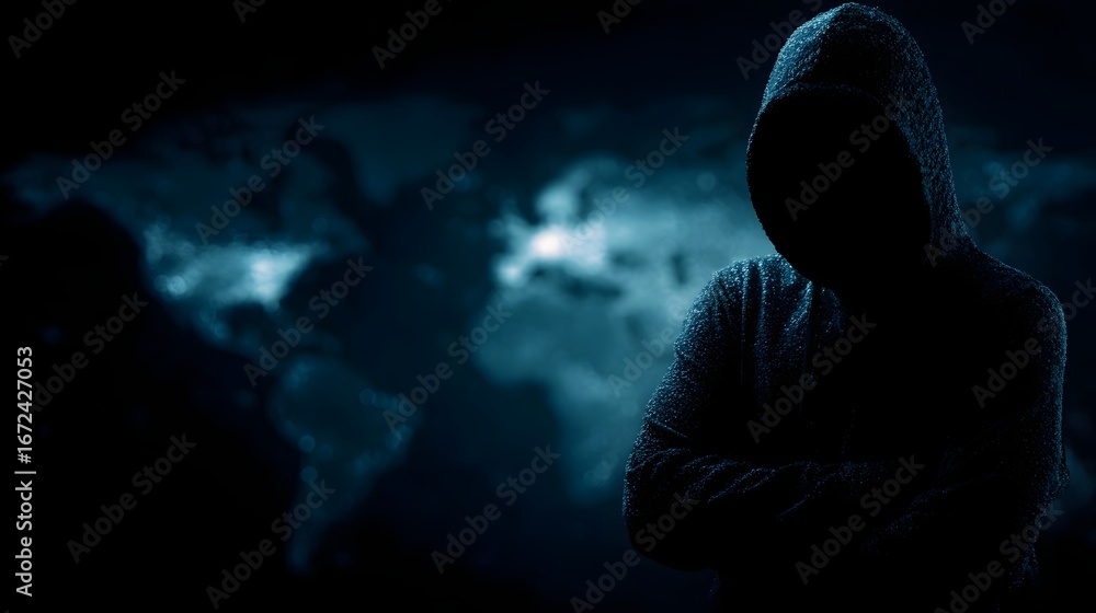 Poster hacker silhouette planning a global cyber attack on world map