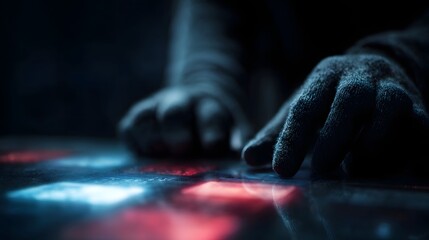 Hacker manipulating futuristic data interface with gloved hands