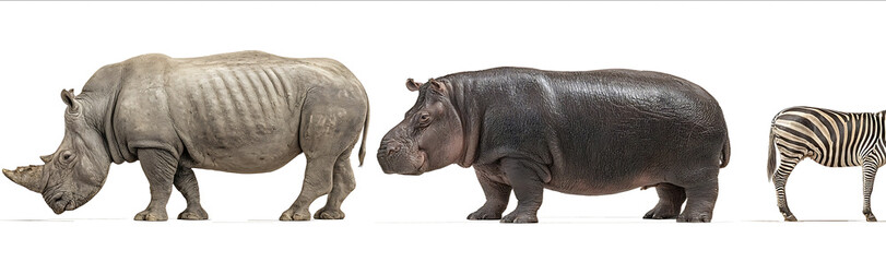 Photograph of a rhinoceros zebra and hippopotamus standing side by side on a white background in profile hyperrealistic photography