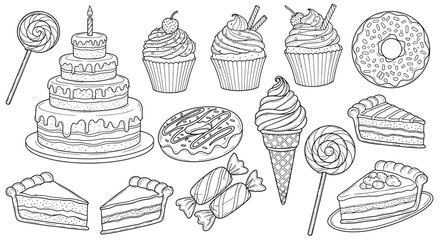 Assortment of Delicious Desserts and Sweets in Outline Drawing Style with Cake, Cupcakes, and Donuts on an Isolated White Background