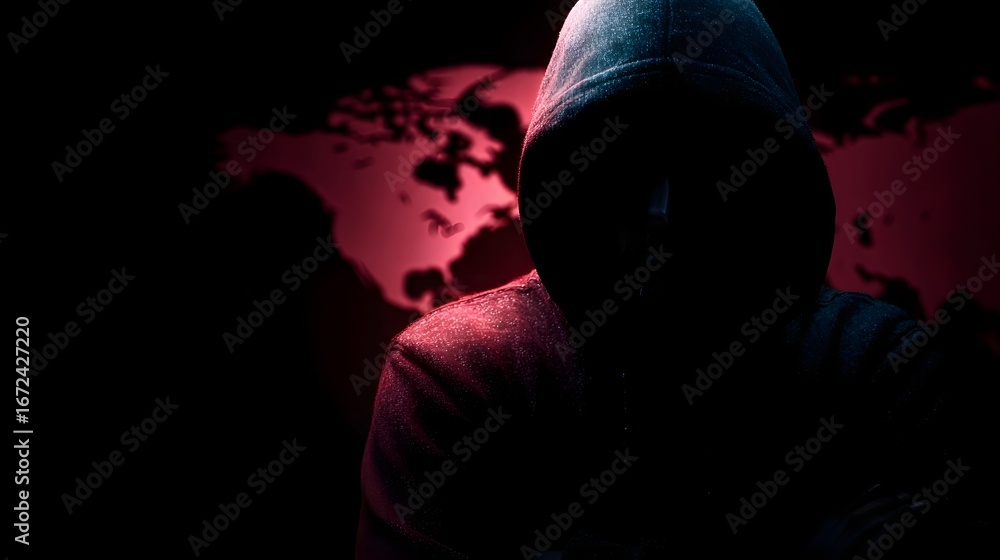 Poster hacker silhouette in front of a glowing world map plotting a global attack plan