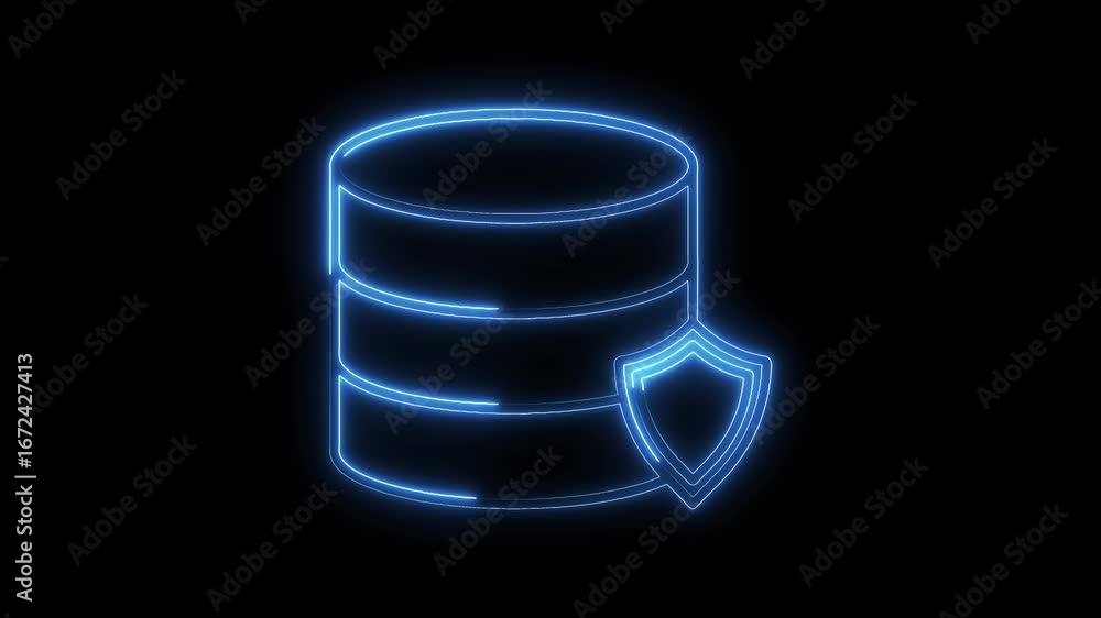 Aufkleber glowing neon blue database shield icon isolated on black background secure data protection