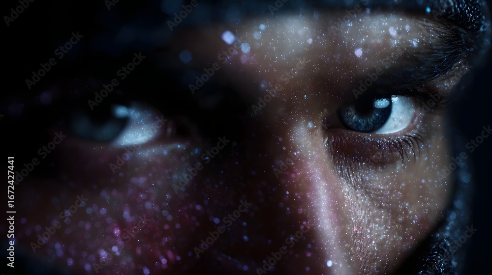 Aufkleber close up of a hacker s face with a futuristic hologram overlay scanning data