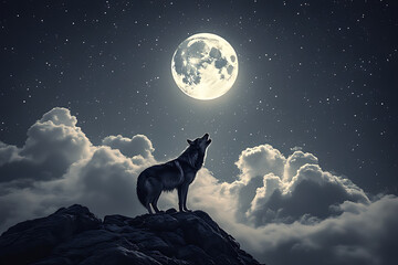 Obraz premium Wolf howling at full moon on rocky outcrop night