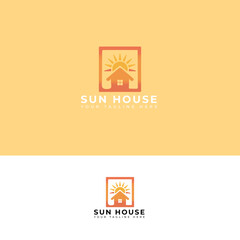 Sun House Logo with Sun and Home Icon in Flat Style