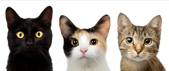 3 cats one black cat with yellow eyes white background one calico cat with brown and creamcolored short hair and long ears female portrait photo studio shot h