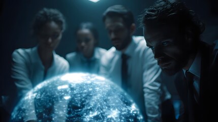 Digital operatives gather around a collaborative cyberwar hologram globe