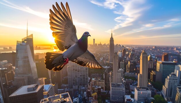 Pigeon in Flight over City Skyline at Sunrise Golden hour - Powered by Adobe