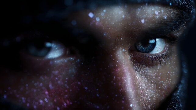 Close up of a hacker s face with a futuristic hologram overlay scanning data