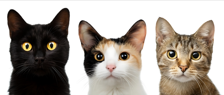 3 cats one black cat with yellow eyes white background one calico cat with brown and creamcolored short hair and long ears female portrait photo studio shot h