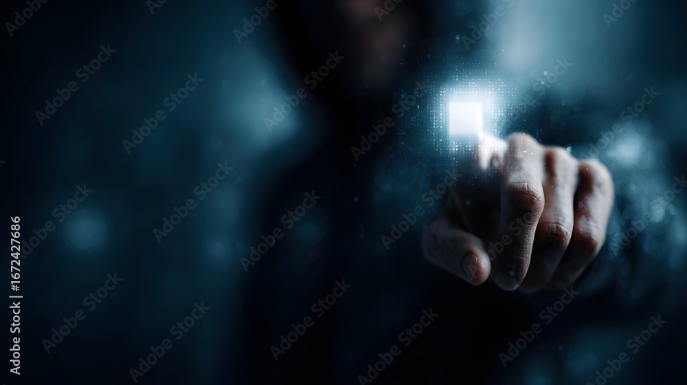 Poster hacker breaching digital security through holographic interface