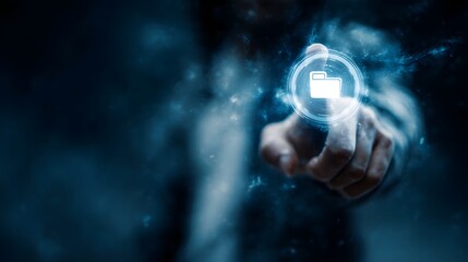 Hacker reaching into futuristic holographic interface to access digital file