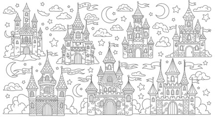 Beautiful fairytale castles with turrets and flags under a starry sky on an isolated white background, magical kingdom line art.