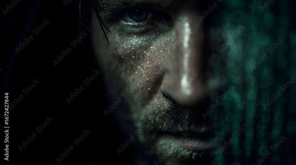 Poster intense cinematic reflection of hacker s face in digital code