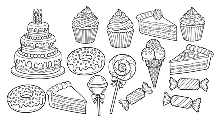 Assortment of delicious sweet desserts including a birthday cake and cupcakes on an isolated white background, confectionery line art.