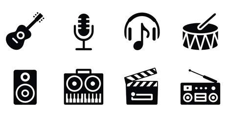  Music and audio icon set featuring guitar, microphone, headphones, drum, speaker, keyboard, clapperboard, and radio in silhouette style
