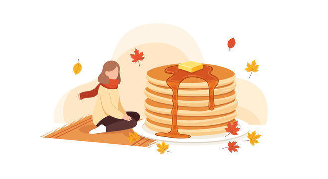 Autumn Serenity: A Person Contemplates A Towering Stack Of Fluffy Pancakes And Syrup