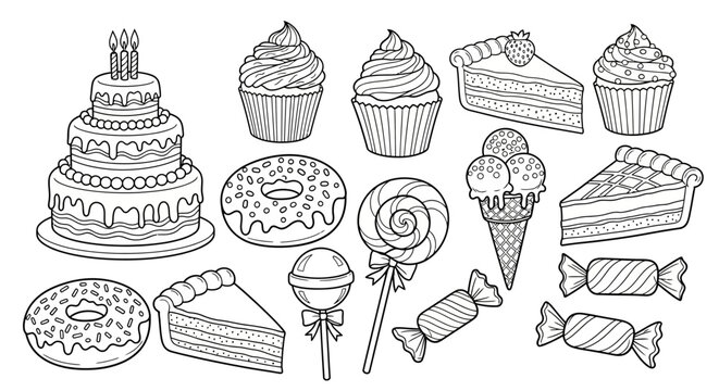Assortment of delicious sweet desserts including a birthday cake and cupcakes on an isolated white background, confectionery line art. - Powered by Adobe