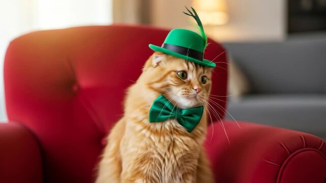An adorable and funny ginger cat wearing a festive green St Patrick's Day leprechaun hat and a matching sequin bowtie sits patiently in a red armchair