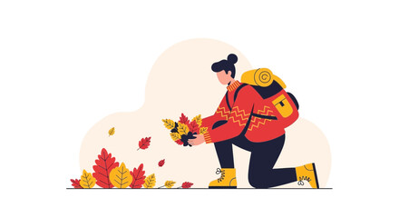 Autumnal Explorer Gathering Fallen Foliage During A Tranquil Outdoor Expedition