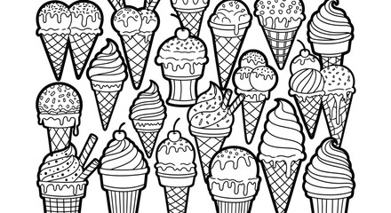 Delicious collection of ice cream cones and sundaes on an isolated white background, sweet dessert coloring page.