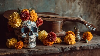Artistic sugar skull surrounded by vibrant marigold flowers and a guitar, symbolizing music and remembrance during the Mexican Day of the Dead celebration. Perfect for cultural, holiday, and tradition