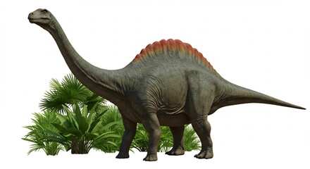 Obraz premium Dinosaurier steht majestatisch tropischer Pflanzenwelt weiches Licht betont Details. AI Generated