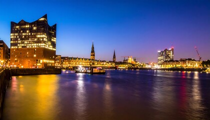 Obraz premium Night cityscape, harbor, Germany, waterfront