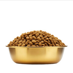 Dog food in a golden bowl isolated on a white background side view