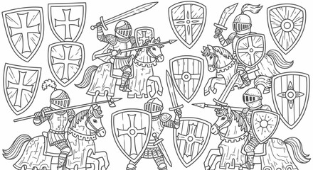 Obraz premium Brave medieval knights on horses with various decorative shields, ready for battle, black and white outline, isolated white background.