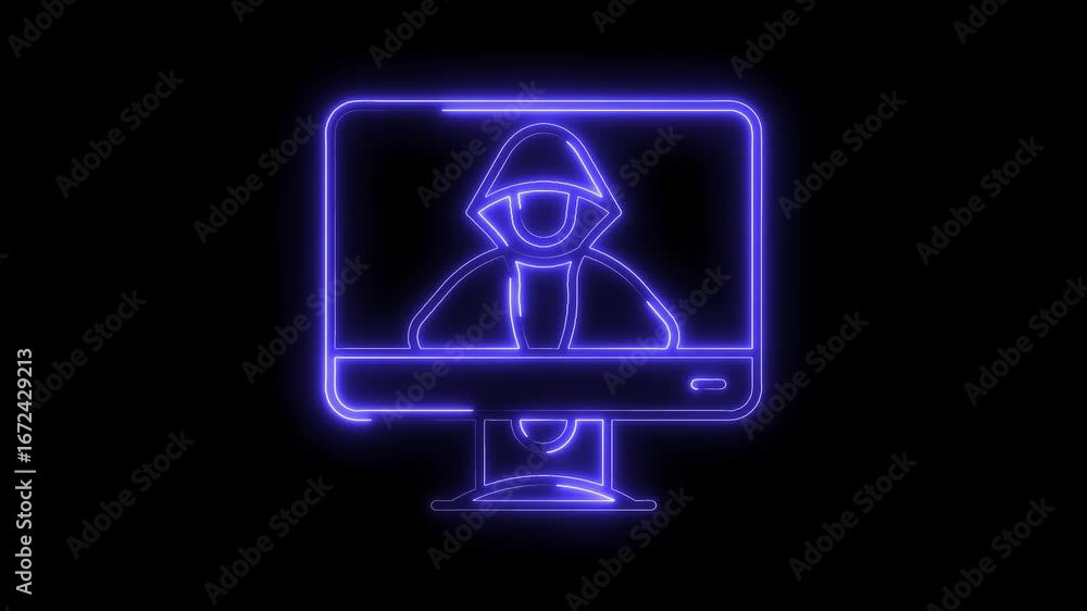 Aufkleber glowing neon hacker icon on computer screen cyber security concept digital art isolated black