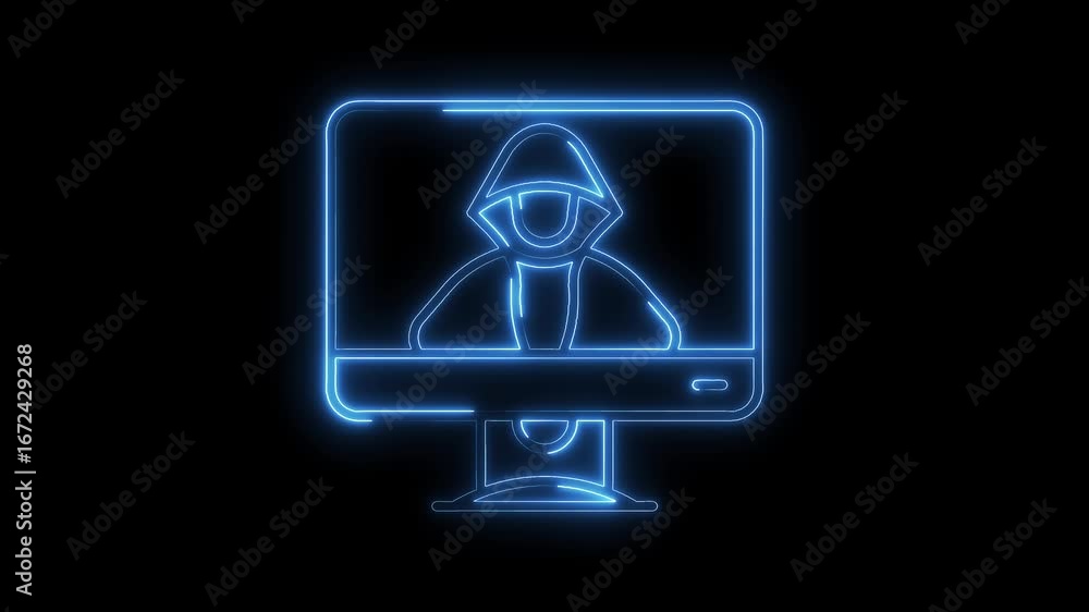 Aufkleber glowing neon hacker icon on computer screen cybercrime digital security concept blue light effect