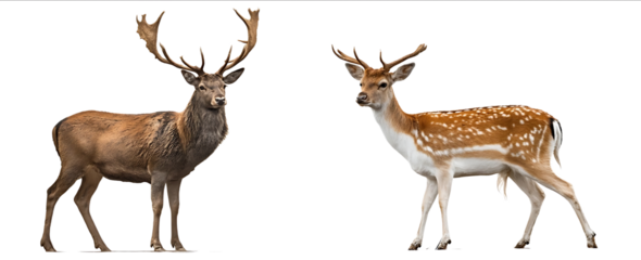 Photograph of a red deer and a fallow deer standing side by side isolated on a white background with a clipping path a fullbody shot taken at a wide angle.jpg