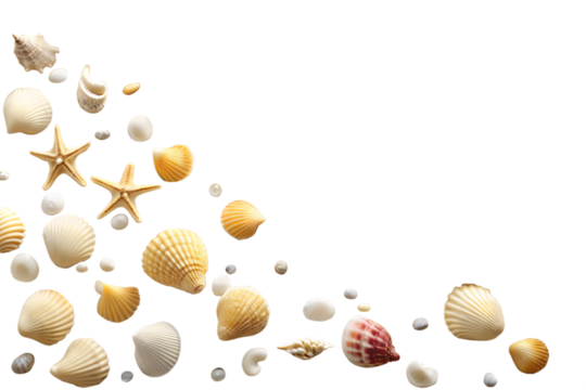 Natural seashells, delicate starfish, and smooth ocean pebbles form a serene coastal border on a crisp white background, perfect for summer designs