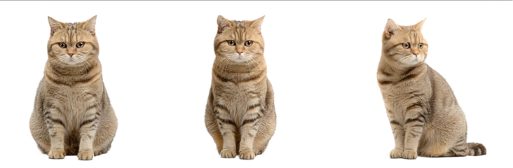 Set of three fulllength portrait photographs frontal view of a sitting and standing British Shorthair cat with goldenbrown stripes on a white background Studi