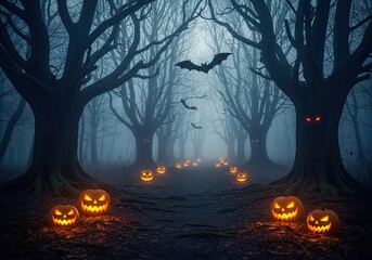 Photo of a spooky halloween night with glowing pumpkins lining a dark forest path, bats flying overhead, and eerie eyes peering from the trees