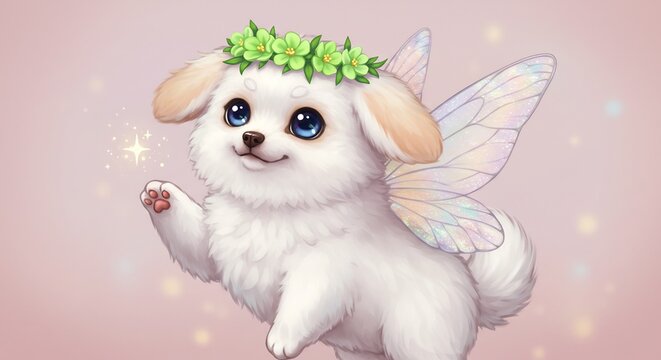Zauberhafter Welpe mit Feenflugeln strahlt sanftes Licht aus. AI Generated