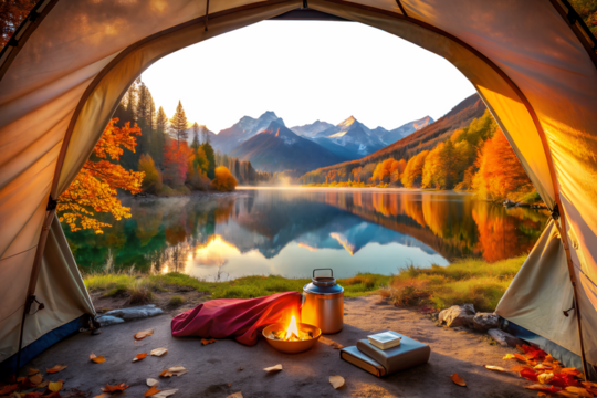 Cozy tent view of autumn mountains and lake isolated on white background - Powered by Adobe