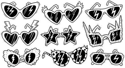 Hand Drawn Doodle Collection of Funky and Stylish Sunglasses with various shapes and designs on an isolated white background.