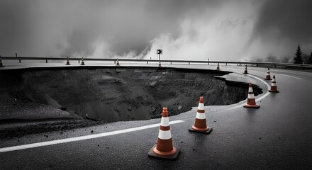 Obraz premium Road Collapse A Sinkhole Hazard Marked by Cones, Threatening Commuters